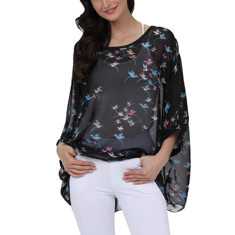 Ckikiou Plus Size Batwing Flowy Semi Sheer Chiffon Blouse Tunic for Women Summer Floral Print Boho Beach Cover ups - Image 1